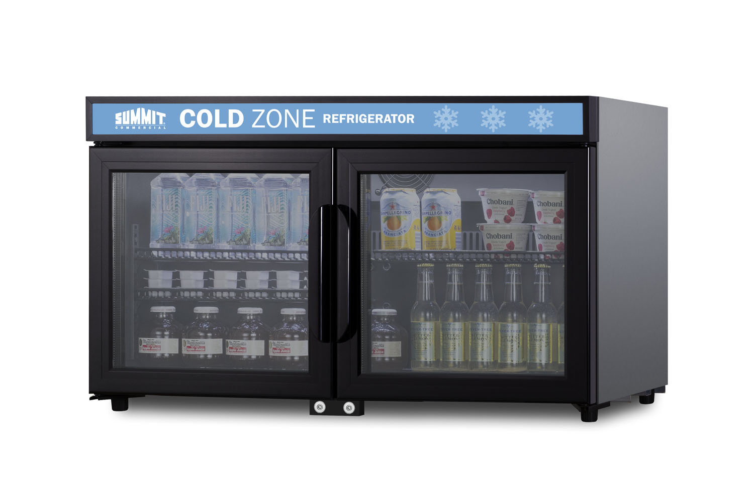 Countertop, shallow depth single-zone commercial refrigerator for freestanding use with French glass doors, black cabinet, front locks, digital controls, and LED lighting